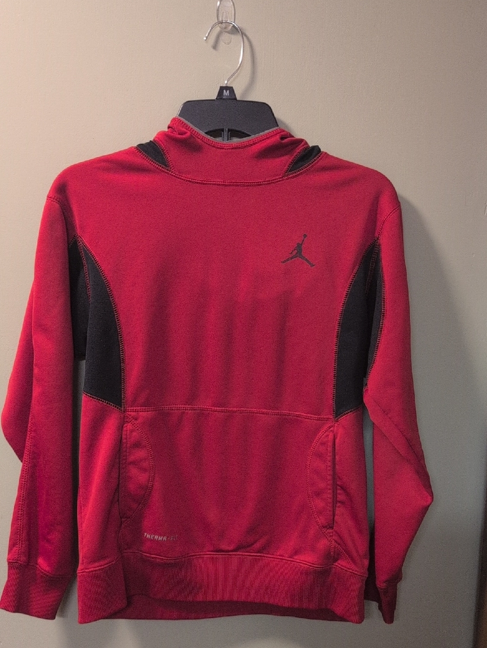 Jordan Red Nike Hoodie with Black Panels and Kangaroo Pouch Front Pocket